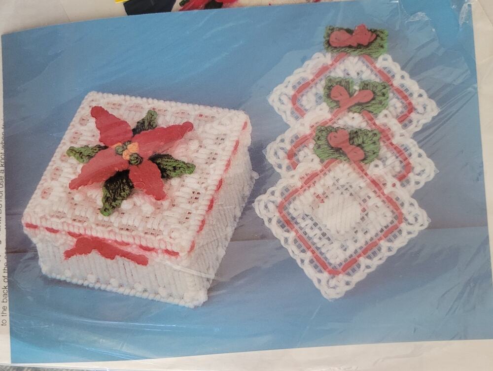 Vintage Needlepoint Kit Plastic Canvas Lacy Poinsettia Coasters & Box #67107
